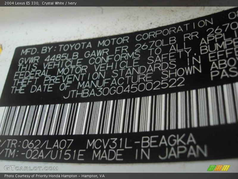 Crystal White / Ivory 2004 Lexus ES 330