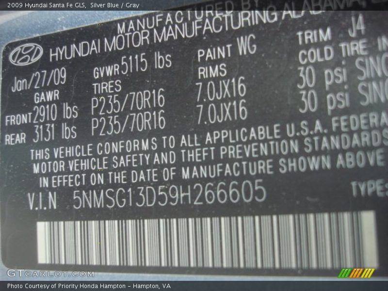 Silver Blue / Gray 2009 Hyundai Santa Fe GLS