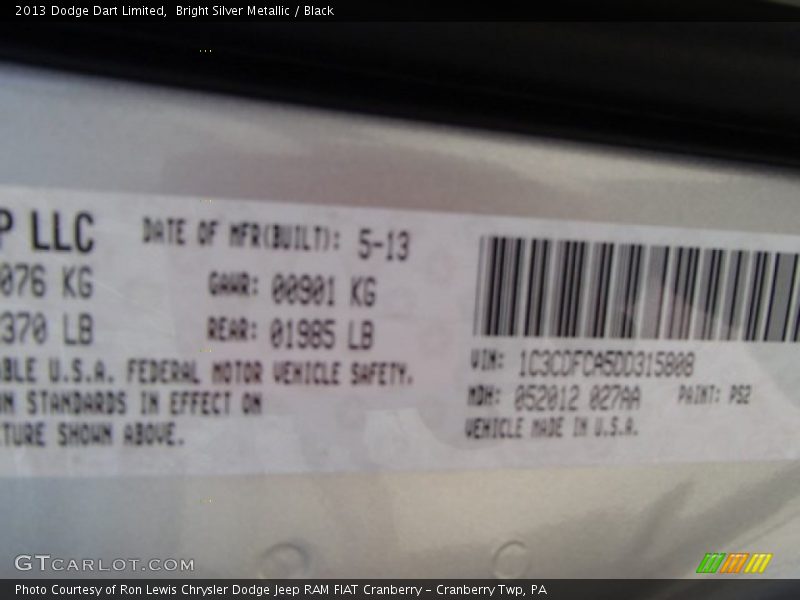 Bright Silver Metallic / Black 2013 Dodge Dart Limited