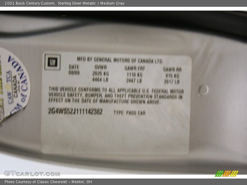 Sterling Silver Metallic / Medium Gray 2001 Buick Century Custom