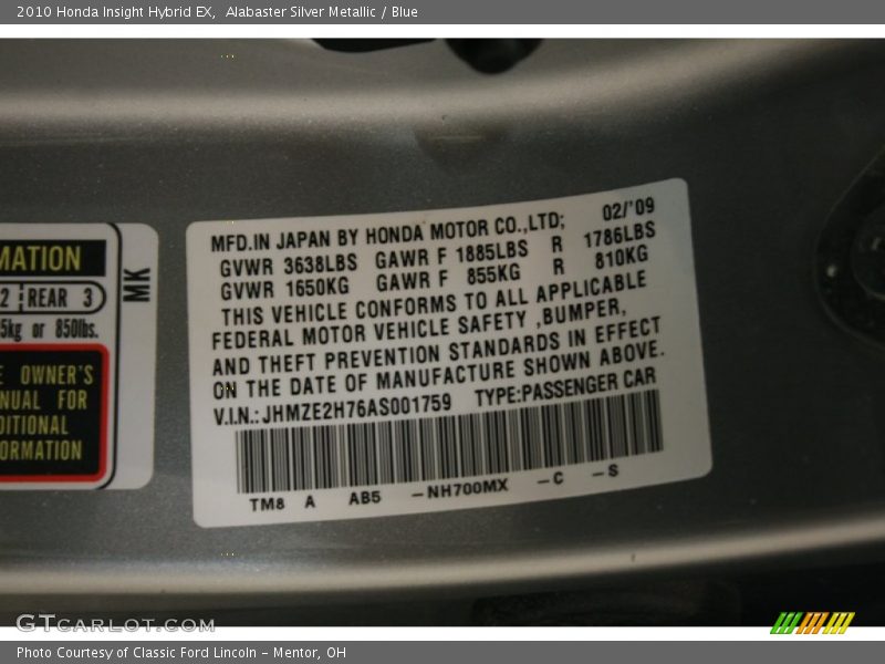 Alabaster Silver Metallic / Blue 2010 Honda Insight Hybrid EX