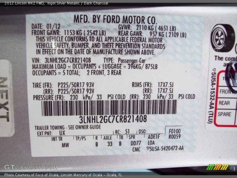 Ingot Silver Metallic / Dark Charcoal 2012 Lincoln MKZ FWD