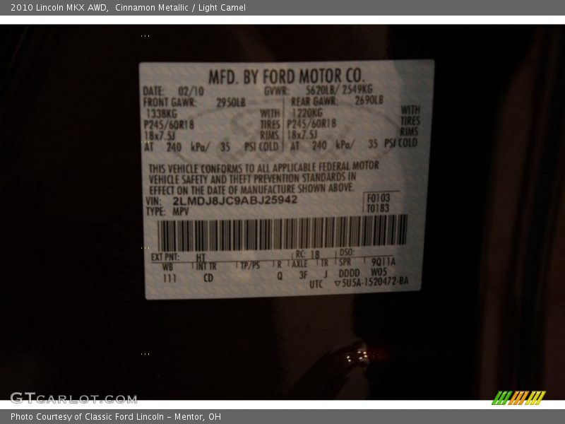Cinnamon Metallic / Light Camel 2010 Lincoln MKX AWD