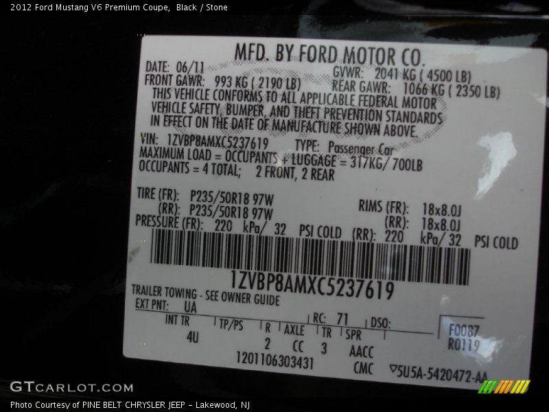 Black / Stone 2012 Ford Mustang V6 Premium Coupe