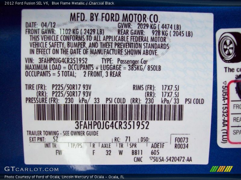 Blue Flame Metallic / Charcoal Black 2012 Ford Fusion SEL V6