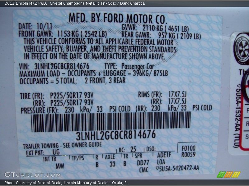 Crystal Champagne Metallic Tri-Coat / Dark Charcoal 2012 Lincoln MKZ FWD
