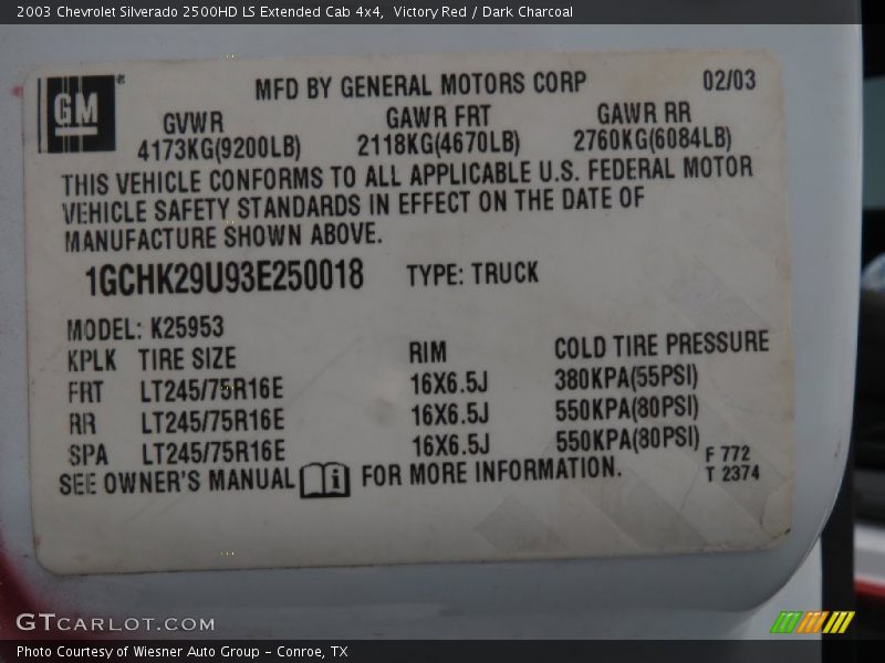 Info Tag of 2003 Silverado 2500HD LS Extended Cab 4x4