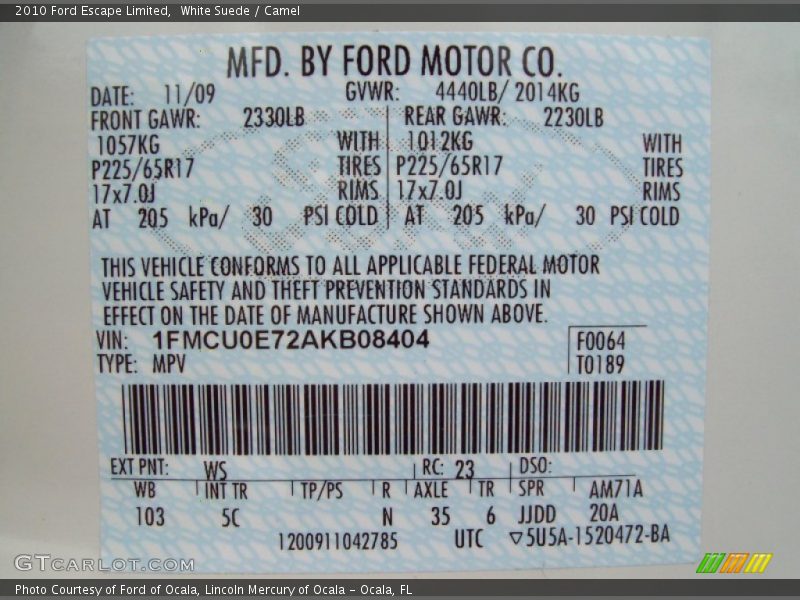 White Suede / Camel 2010 Ford Escape Limited