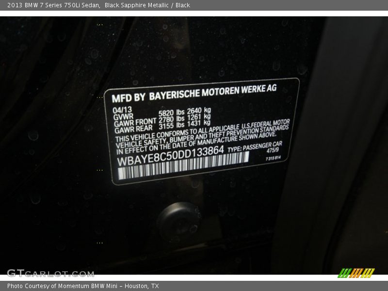 Black Sapphire Metallic / Black 2013 BMW 7 Series 750Li Sedan
