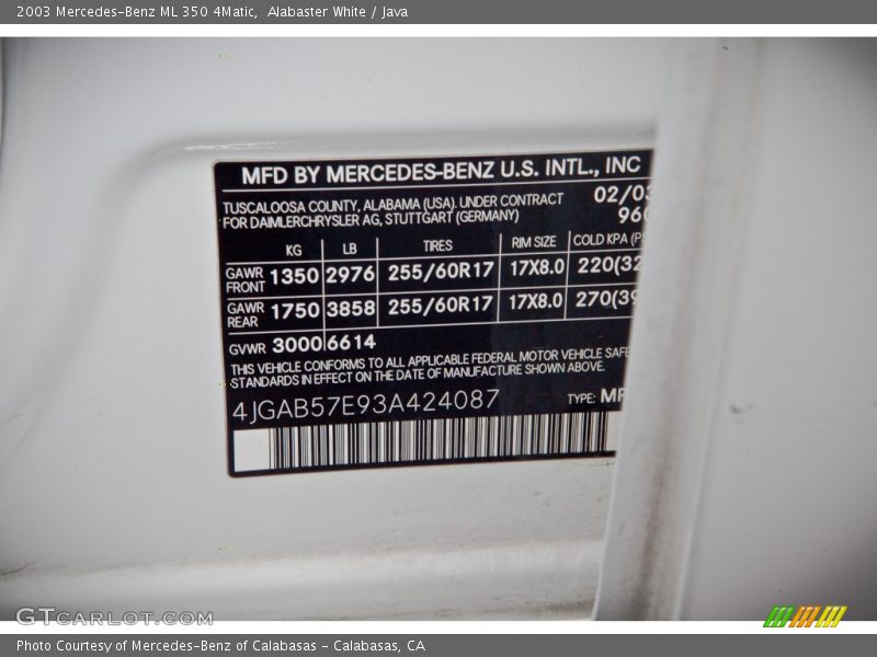 Alabaster White / Java 2003 Mercedes-Benz ML 350 4Matic