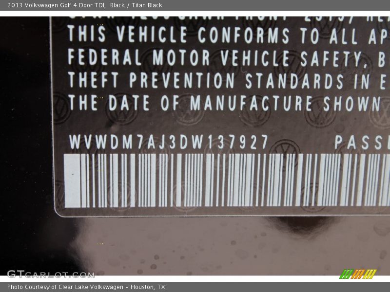 Black / Titan Black 2013 Volkswagen Golf 4 Door TDI