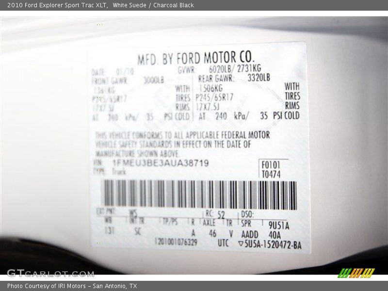 White Suede / Charcoal Black 2010 Ford Explorer Sport Trac XLT