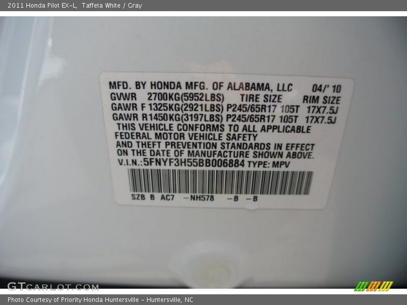 Taffeta White / Gray 2011 Honda Pilot EX-L
