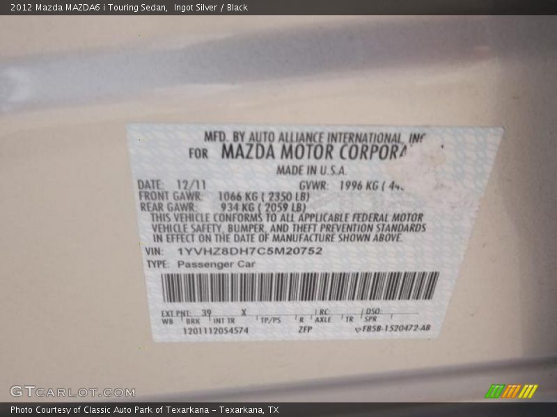 Ingot Silver / Black 2012 Mazda MAZDA6 i Touring Sedan