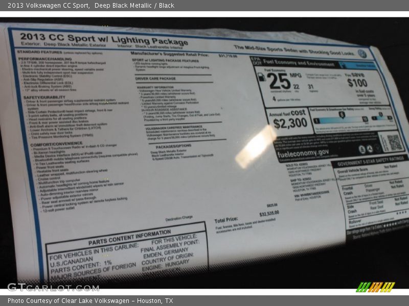 Deep Black Metallic / Black 2013 Volkswagen CC Sport
