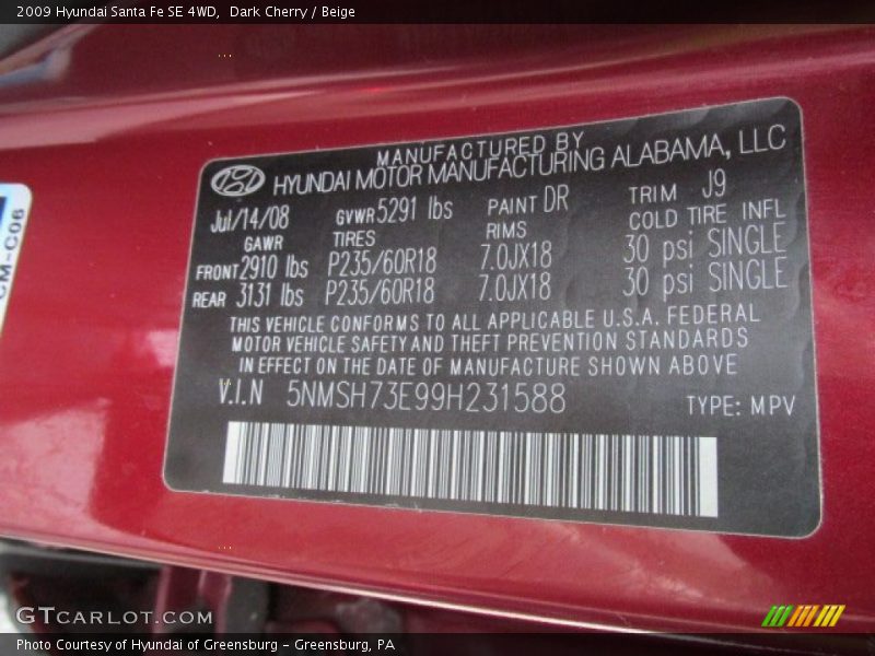 Dark Cherry / Beige 2009 Hyundai Santa Fe SE 4WD