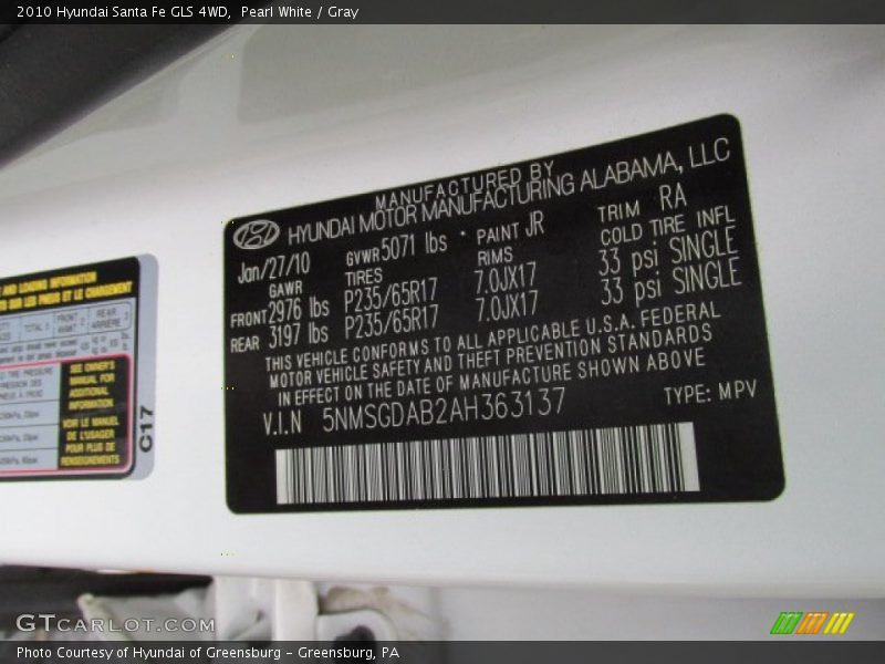 Pearl White / Gray 2010 Hyundai Santa Fe GLS 4WD