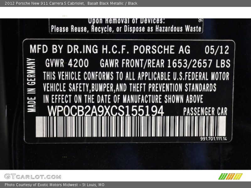 Basalt Black Metallic / Black 2012 Porsche New 911 Carrera S Cabriolet