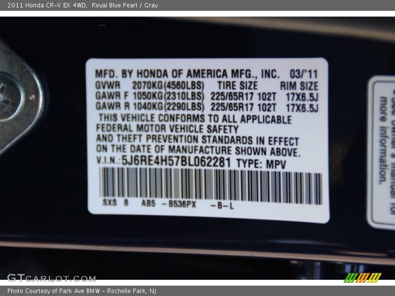Royal Blue Pearl / Gray 2011 Honda CR-V EX 4WD