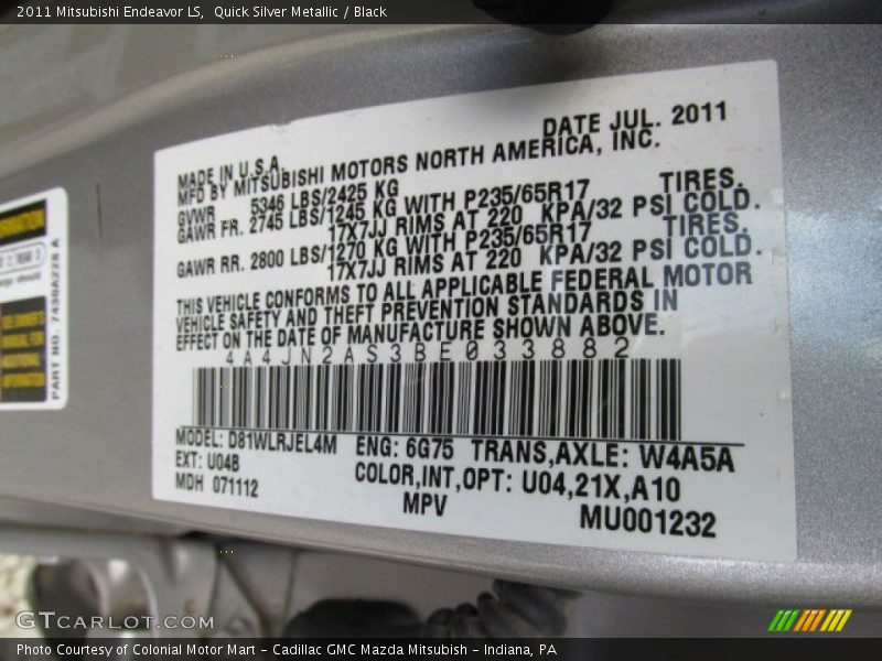 Quick Silver Metallic / Black 2011 Mitsubishi Endeavor LS