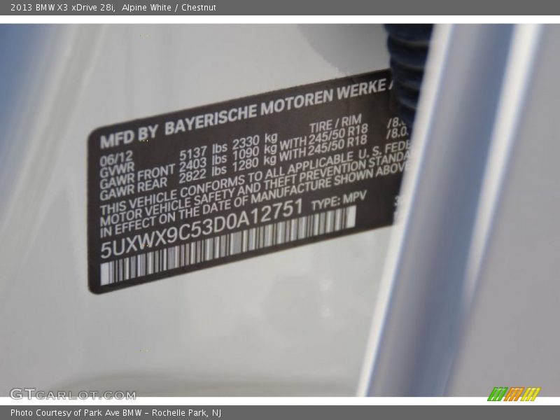Alpine White / Chestnut 2013 BMW X3 xDrive 28i