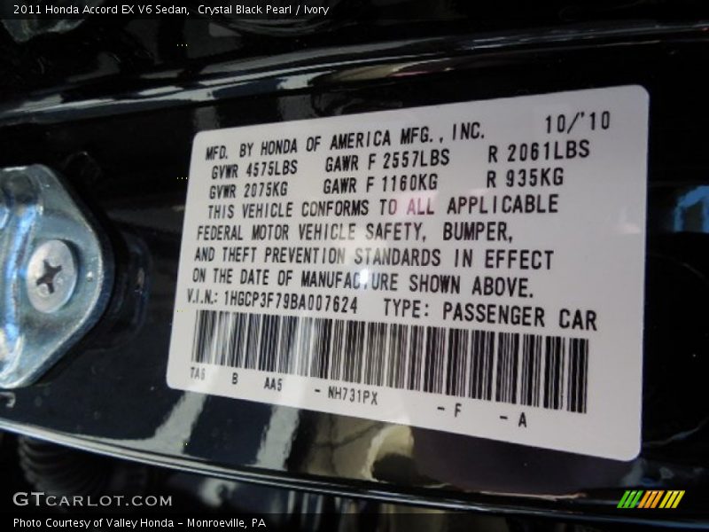 Crystal Black Pearl / Ivory 2011 Honda Accord EX V6 Sedan