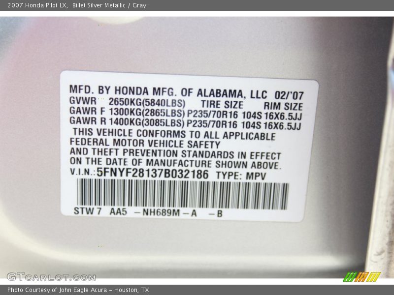 Billet Silver Metallic / Gray 2007 Honda Pilot LX