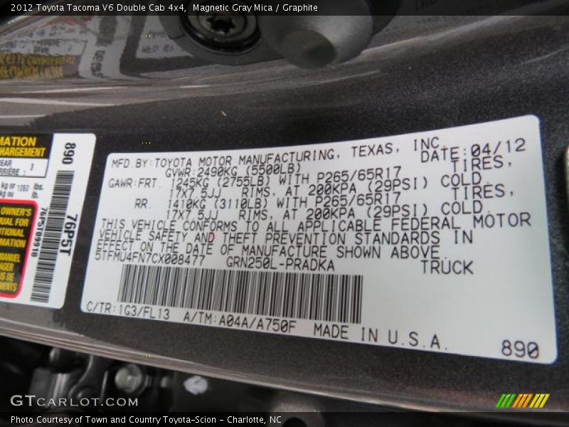 2012 Tacoma V6 Double Cab 4x4 Magnetic Gray Mica Color Code 1G3