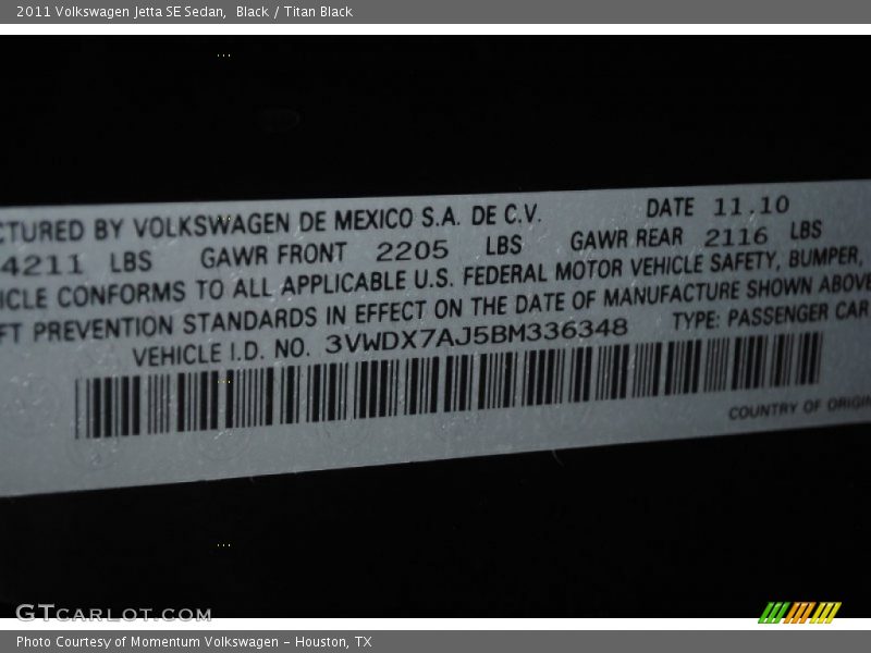Black / Titan Black 2011 Volkswagen Jetta SE Sedan
