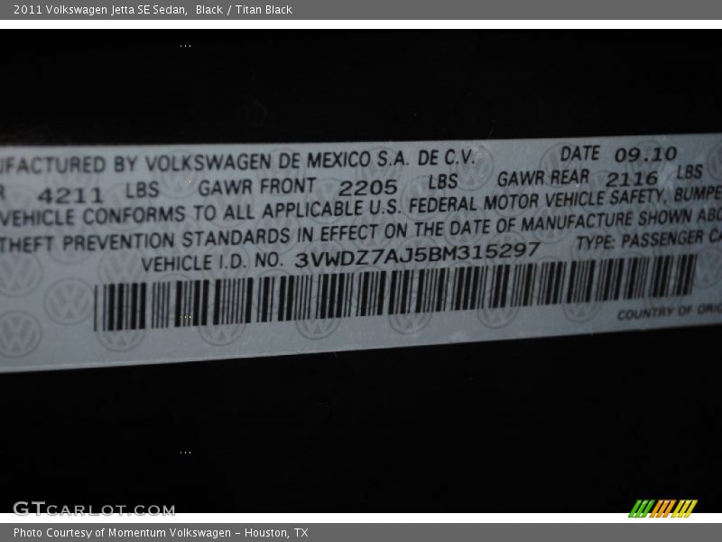 Black / Titan Black 2011 Volkswagen Jetta SE Sedan