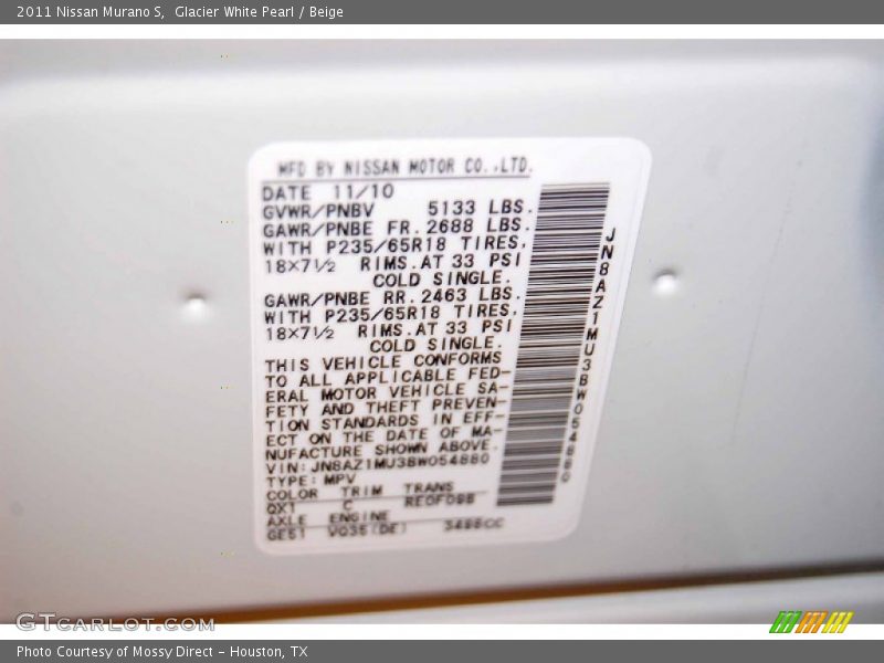 Glacier White Pearl / Beige 2011 Nissan Murano S