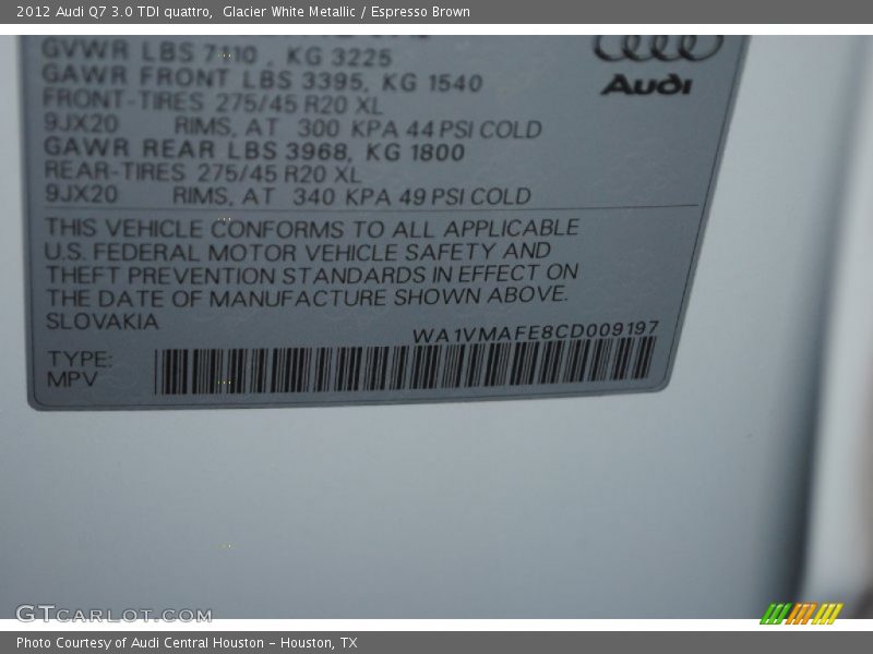 Glacier White Metallic / Espresso Brown 2012 Audi Q7 3.0 TDI quattro