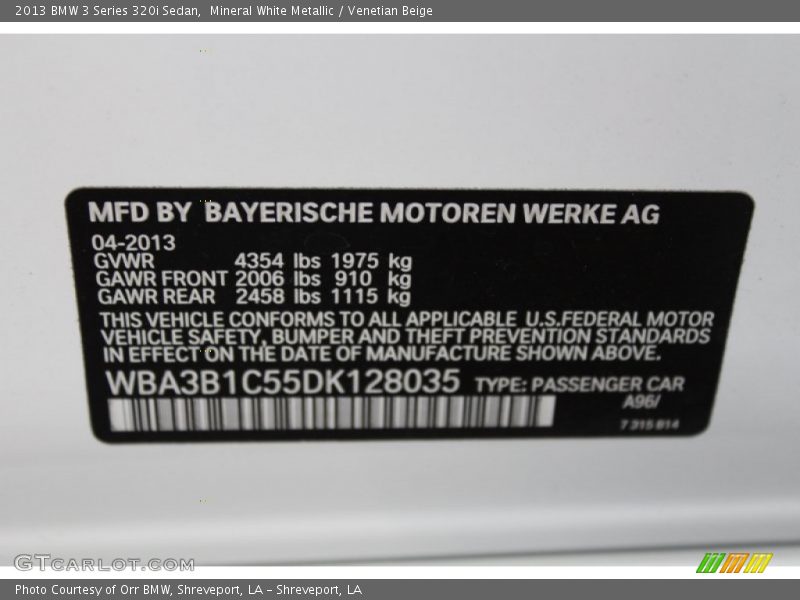 Mineral White Metallic / Venetian Beige 2013 BMW 3 Series 320i Sedan