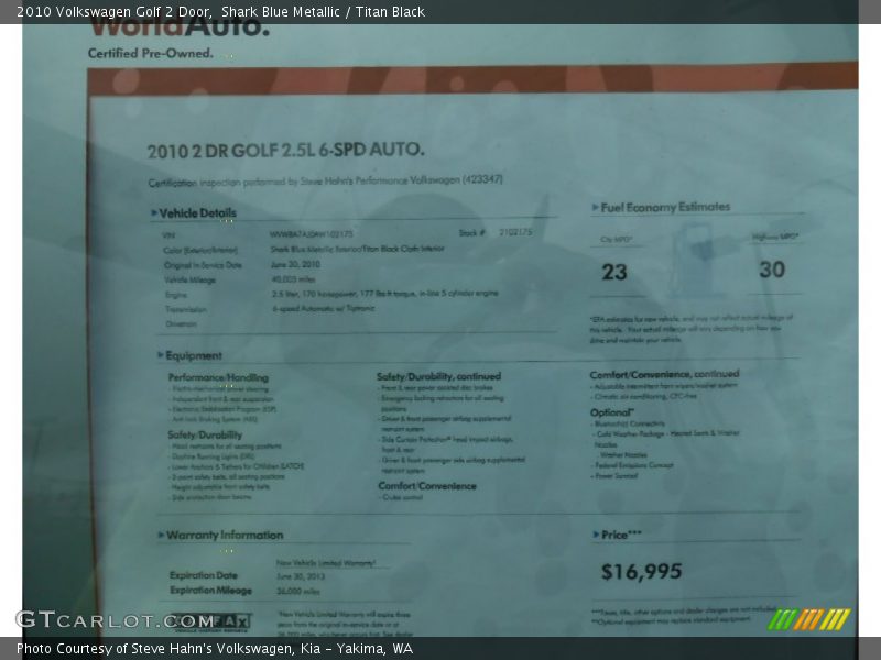 Shark Blue Metallic / Titan Black 2010 Volkswagen Golf 2 Door