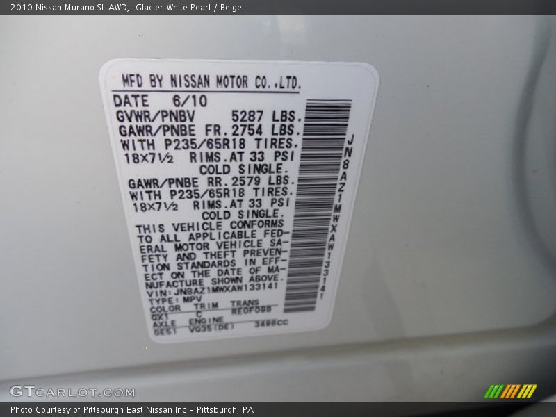 Glacier White Pearl / Beige 2010 Nissan Murano SL AWD