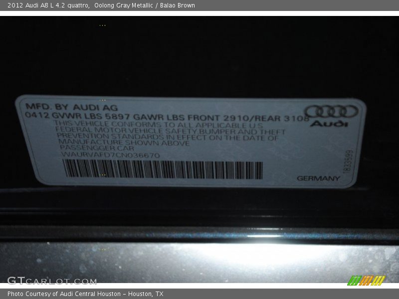 Oolong Gray Metallic / Balao Brown 2012 Audi A8 L 4.2 quattro