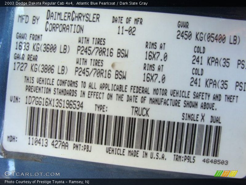 Atlantic Blue Pearlcoat / Dark Slate Gray 2003 Dodge Dakota Regular Cab 4x4