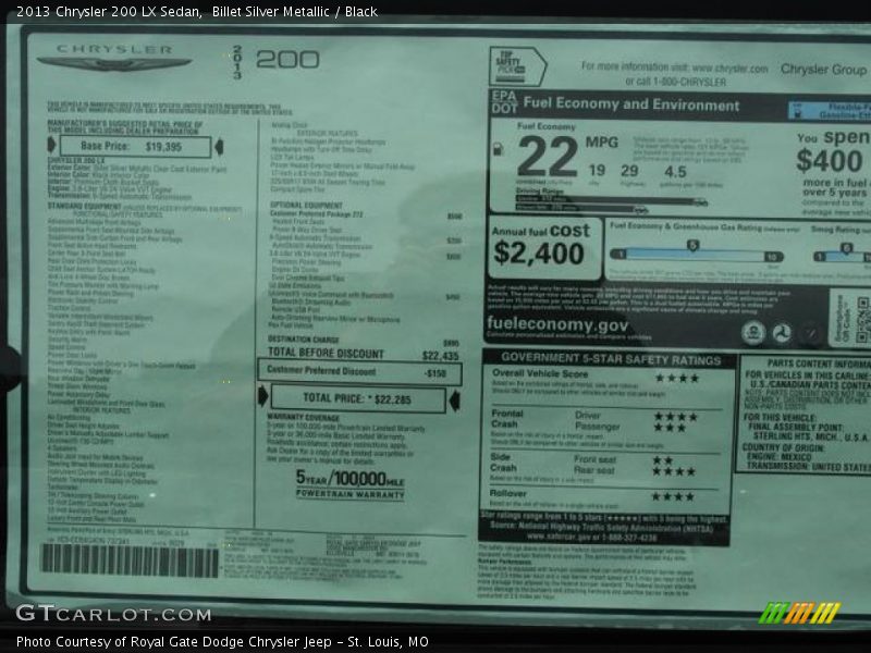  2013 200 LX Sedan Window Sticker