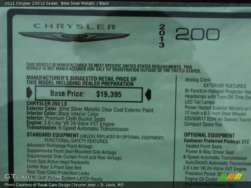  2013 200 LX Sedan Window Sticker