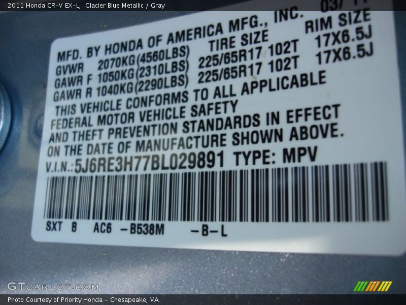 Glacier Blue Metallic / Gray 2011 Honda CR-V EX-L
