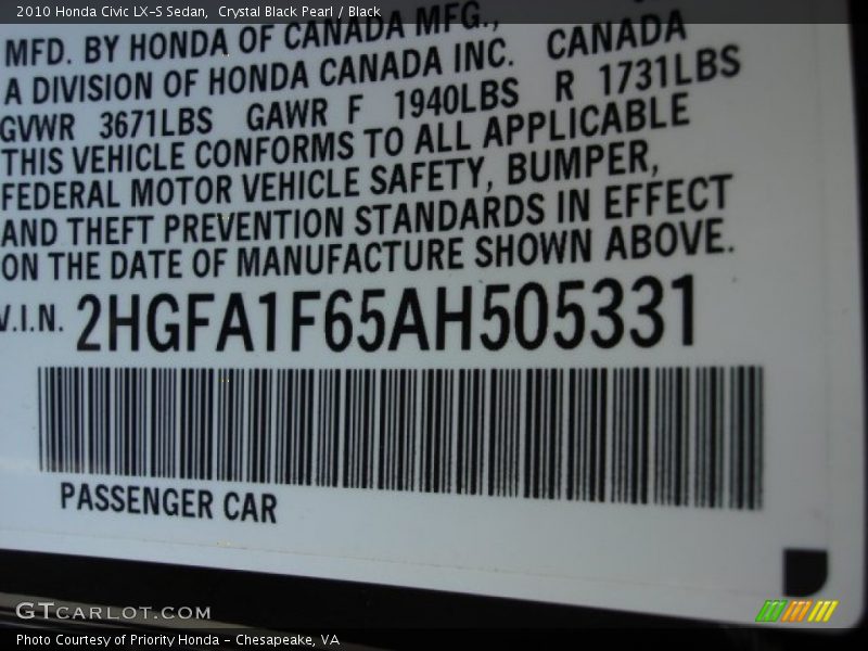 Crystal Black Pearl / Black 2010 Honda Civic LX-S Sedan