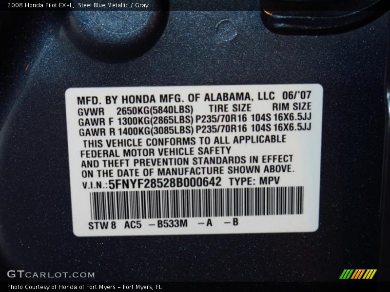 Steel Blue Metallic / Gray 2008 Honda Pilot EX-L