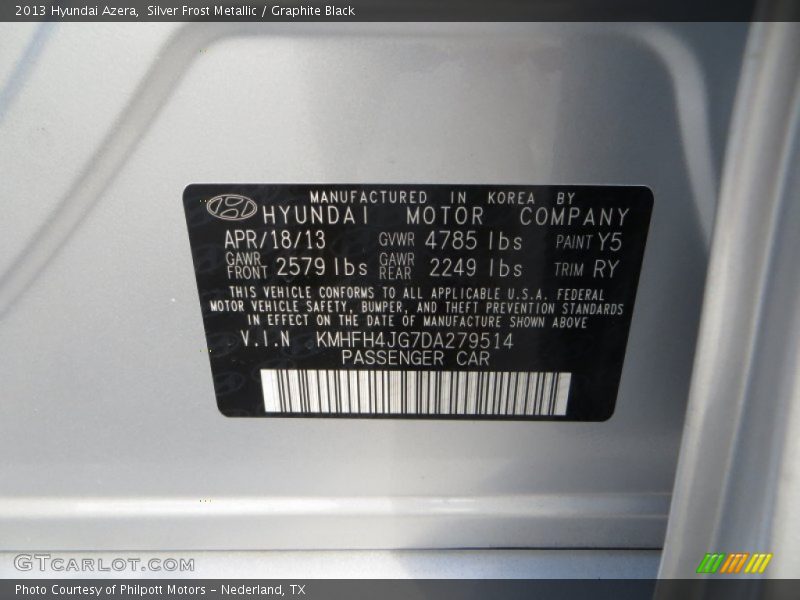 Silver Frost Metallic / Graphite Black 2013 Hyundai Azera