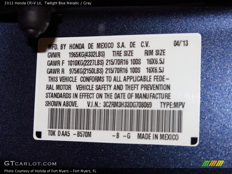 Twilight Blue Metallic / Gray 2013 Honda CR-V LX