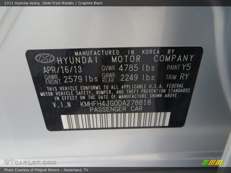 Silver Frost Metallic / Graphite Black 2013 Hyundai Azera