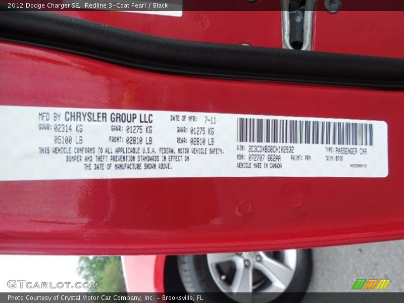 Redline 3-Coat Pearl / Black 2012 Dodge Charger SE