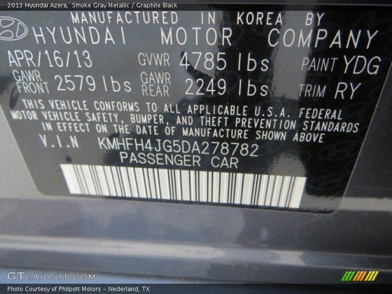Smoke Gray Metallic / Graphite Black 2013 Hyundai Azera