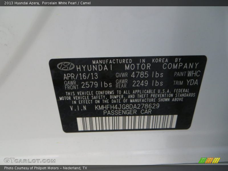 Porcelain White Pearl / Camel 2013 Hyundai Azera