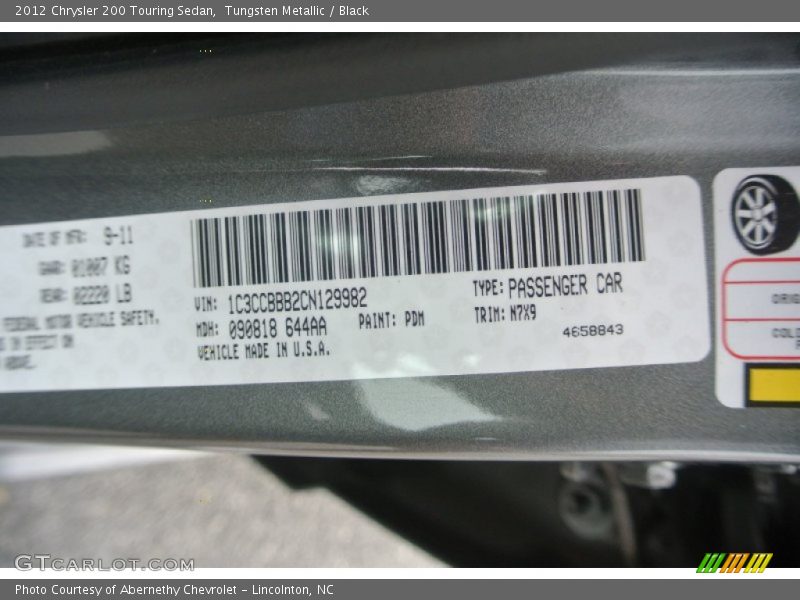 Tungsten Metallic / Black 2012 Chrysler 200 Touring Sedan