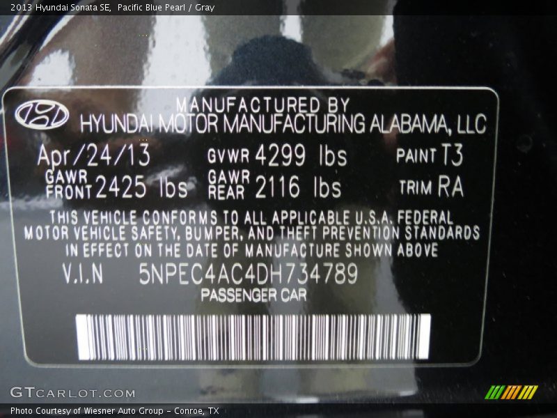 Pacific Blue Pearl / Gray 2013 Hyundai Sonata SE